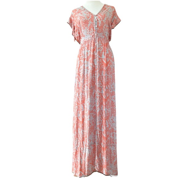 Maaji Maxi Coral & Pale Blue Dress Size Medium Button Up Beach Swimsuit Cover-Up - Picture 1 of 9